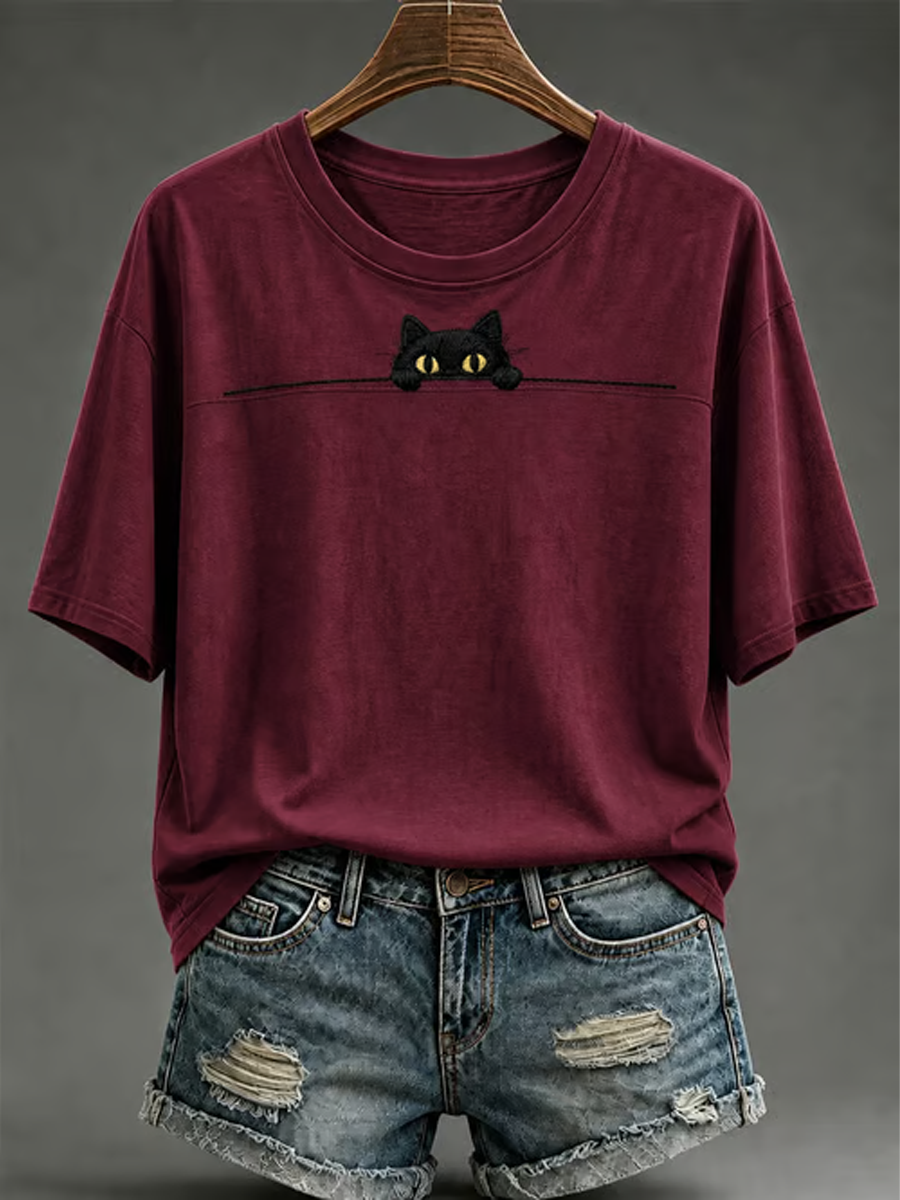 Camiseta feminina de mangas curtas com estampa de gato fofa