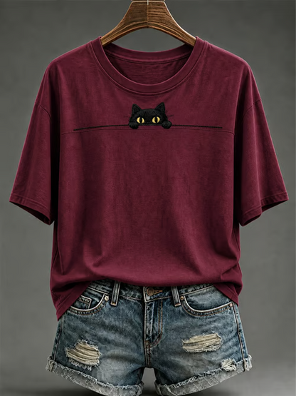 Camiseta feminina de mangas curtas com estampa de gato fofa