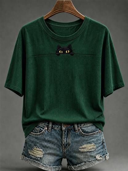 Camiseta feminina de mangas curtas com estampa de gato fofa