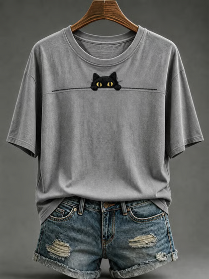 Camiseta feminina de mangas curtas com estampa de gato fofa
