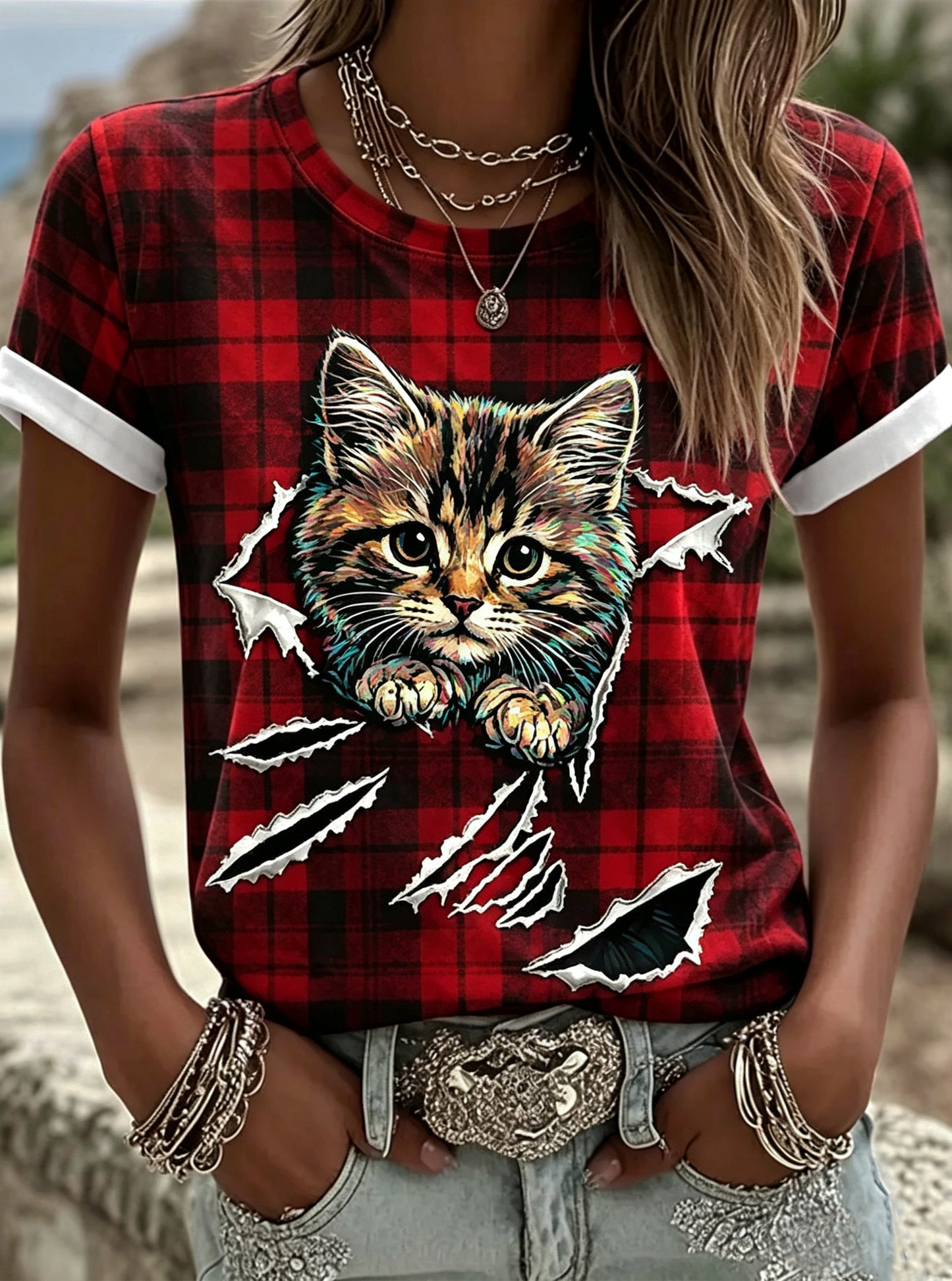 Animal feminino impresso moda Vintage camiseta solta de manga curta