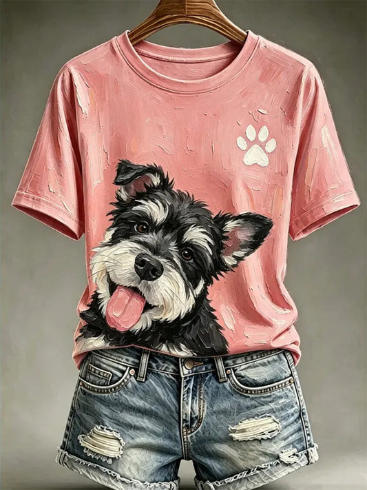 Camiseta casual estampada com estilo de pintura a óleo de cães para mulheres