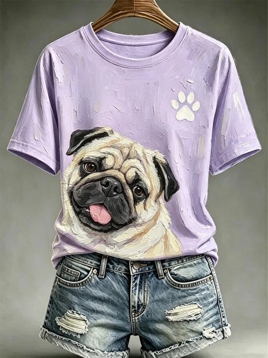 Estilo de pintura a óleo cão feminino impresso t-shirt Casual