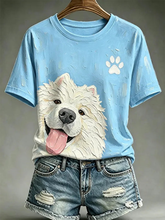 Camiseta casual estampada com estilo de pintura a óleo de cães para mulheres