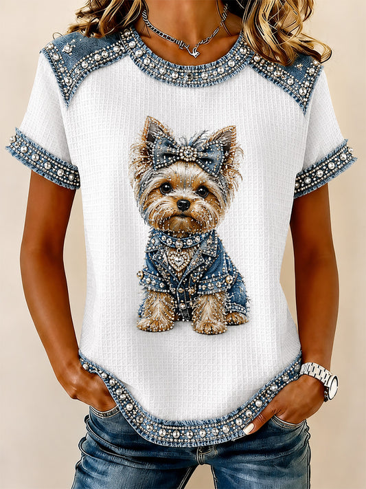 Denim Patchwork cão do mulheres imprimir Waffle Casual Tee
