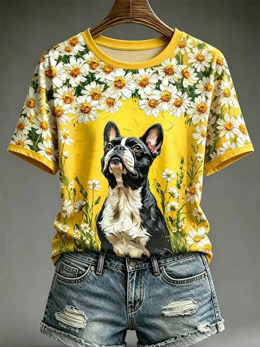 Camiseta casual estampada com estilo de pintura a óleo de cães para mulheres