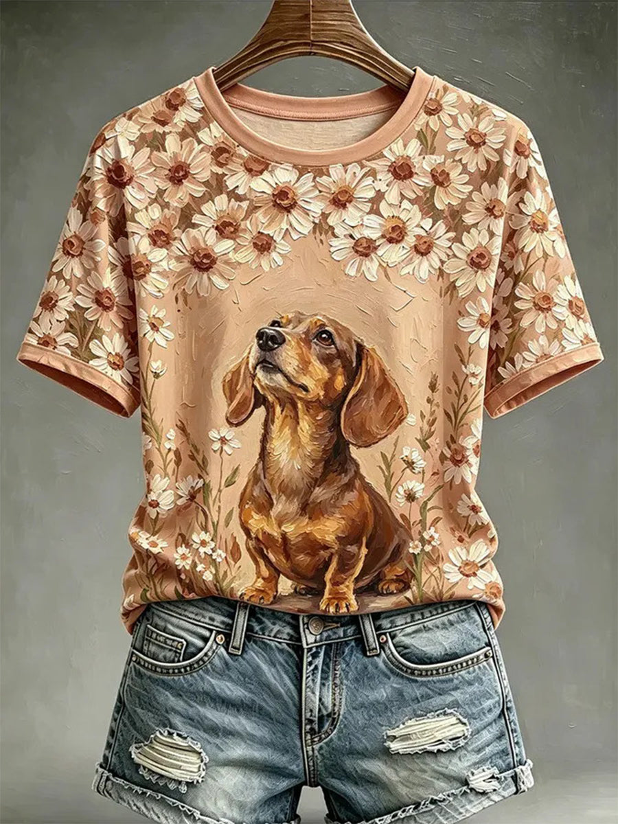 Camiseta casual estampada com estilo de pintura a óleo de cães para mulheres