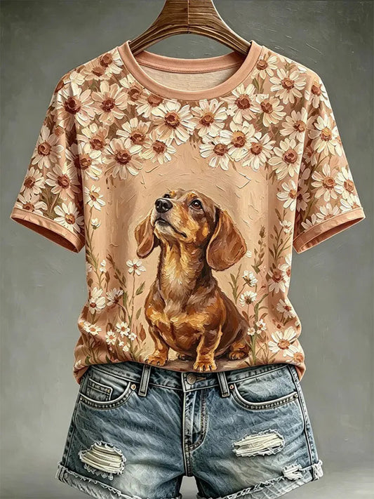 Camiseta casual estampada com estilo de pintura a óleo de cães para mulheres