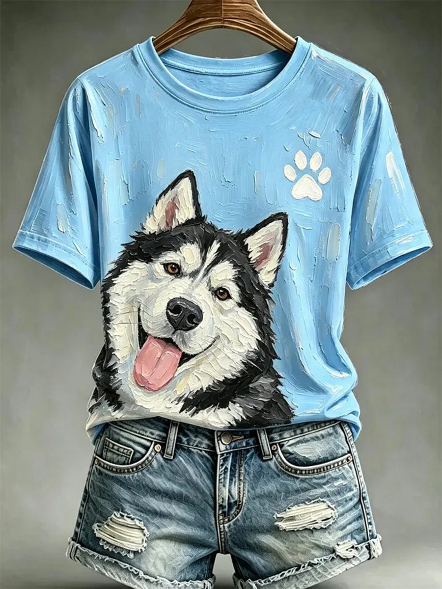 Camiseta casual estampada com estilo de pintura a óleo de cães para mulheres