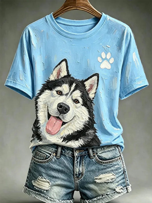 Camiseta casual estampada com estilo de pintura a óleo de cães para mulheres
