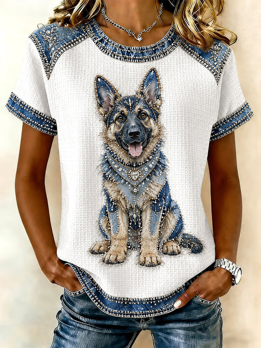 Camiseta casual de waffle em jeans com patchwork e estampa de cachorro para mulheres
