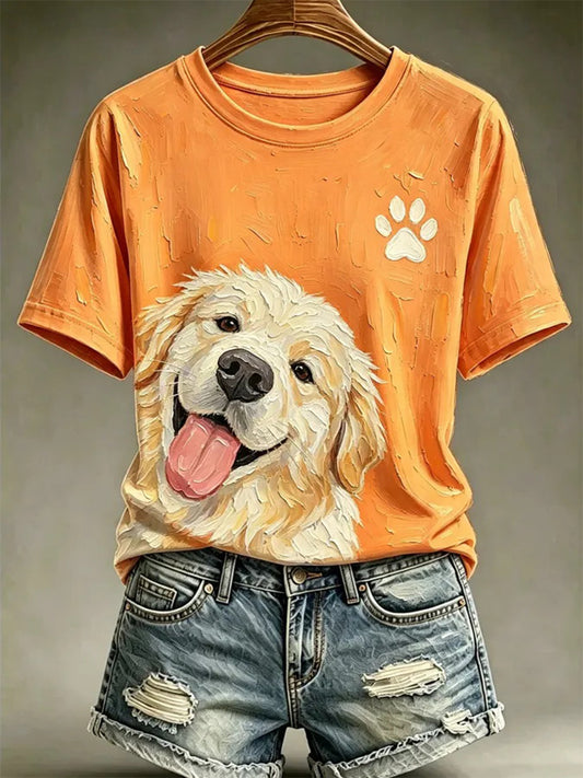 Camiseta casual estampada com estilo de pintura a óleo de cães para mulheres