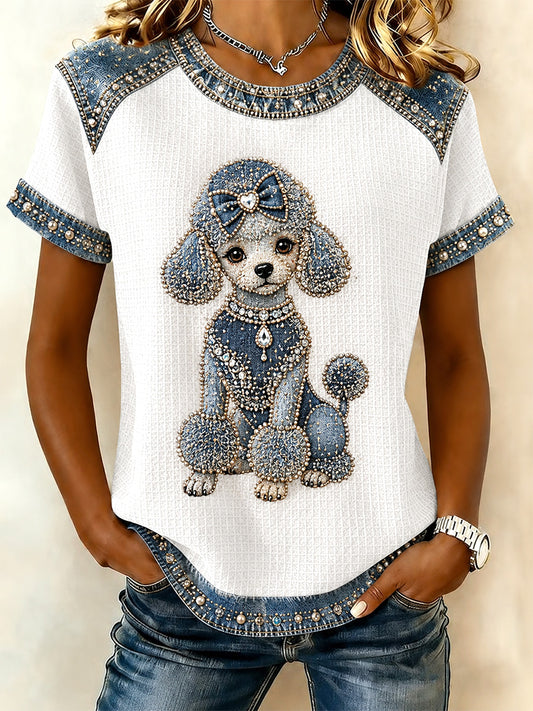 Camiseta casual de waffle em jeans com patchwork e estampa de cachorro para mulheres