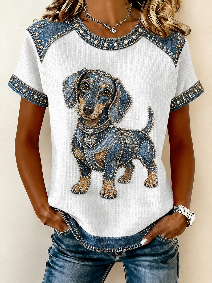 Camiseta casual de waffle em jeans com patchwork e estampa de cachorro para mulheres