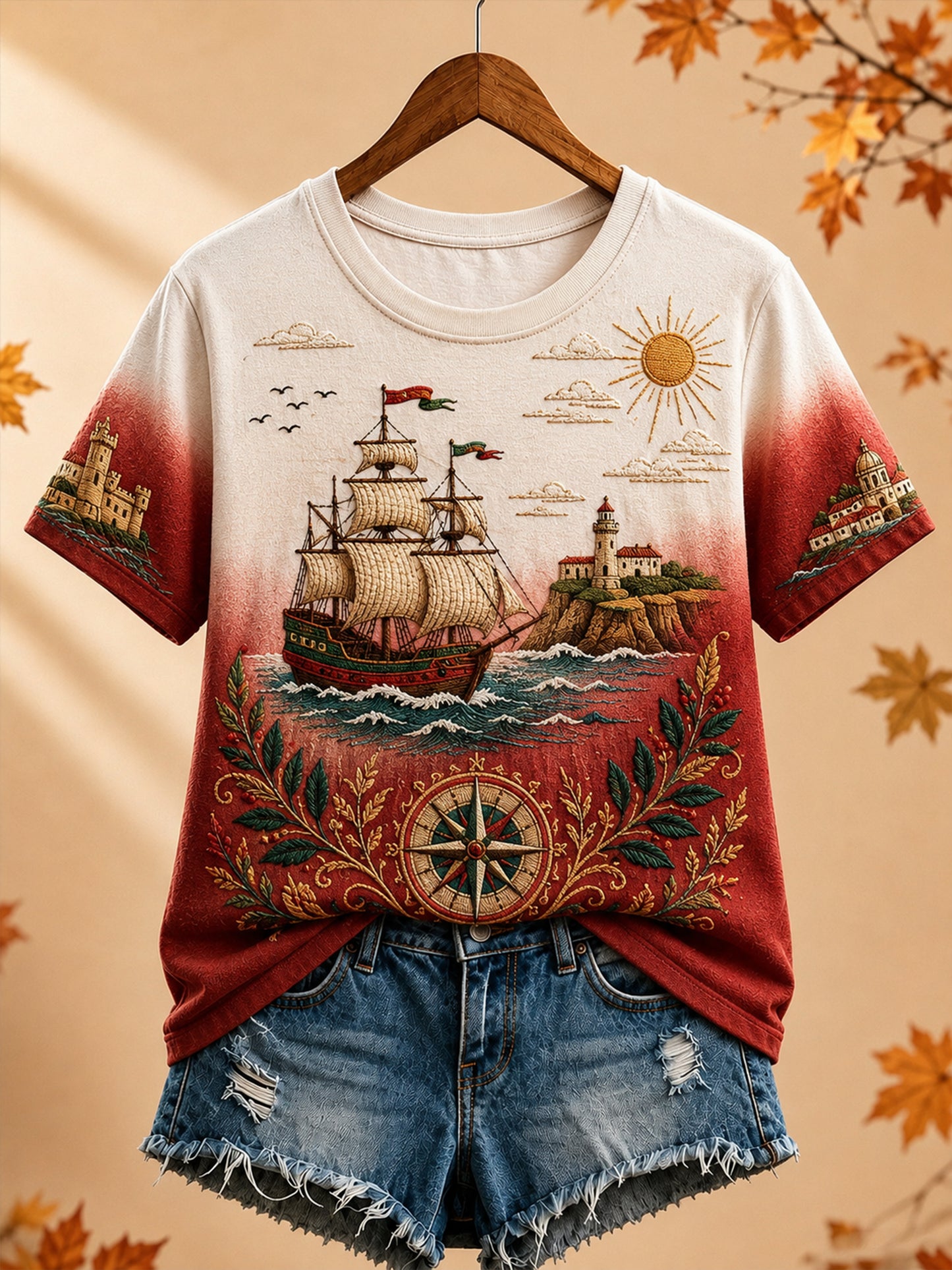 Camiseta Feminina com Estampa Artística de Elementos do Espírito Náutico Português