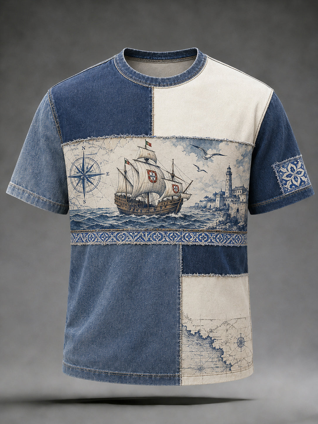 Camiseta com estampa artística masculina temática de espírito náutico português