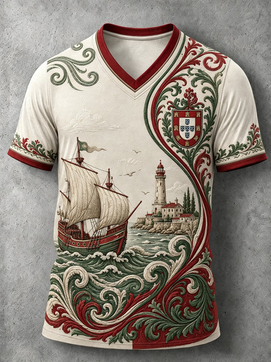 Camiseta com estampa artística masculina temática de espírito náutico português