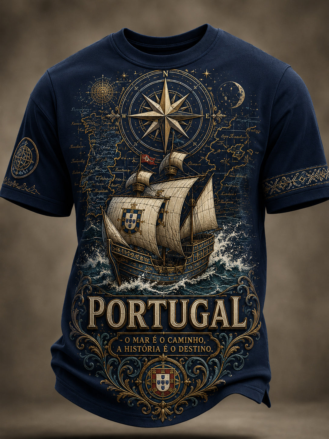 Camiseta com estampa artística masculina temática de espírito náutico português