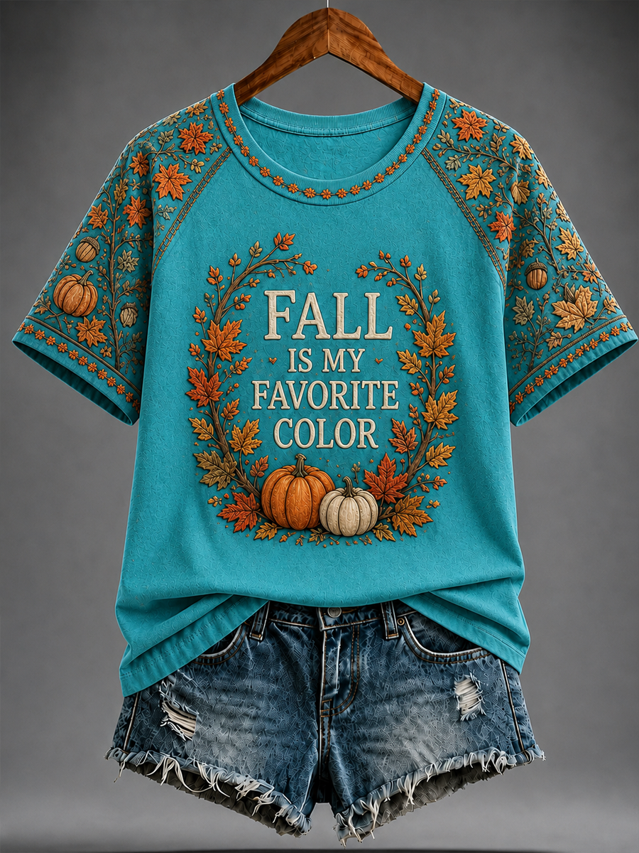 Women's FALL IS MY COLOR FAVORITA T-shirt de manga curta com gola redonda impressa