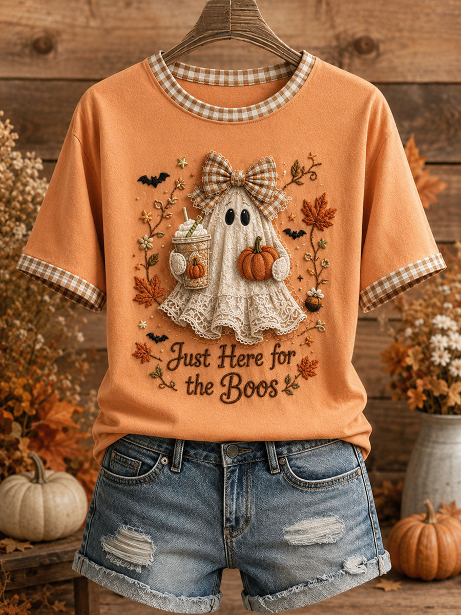 Camiseta feminina fofa de patchwork xadrez com estampa de fantasma