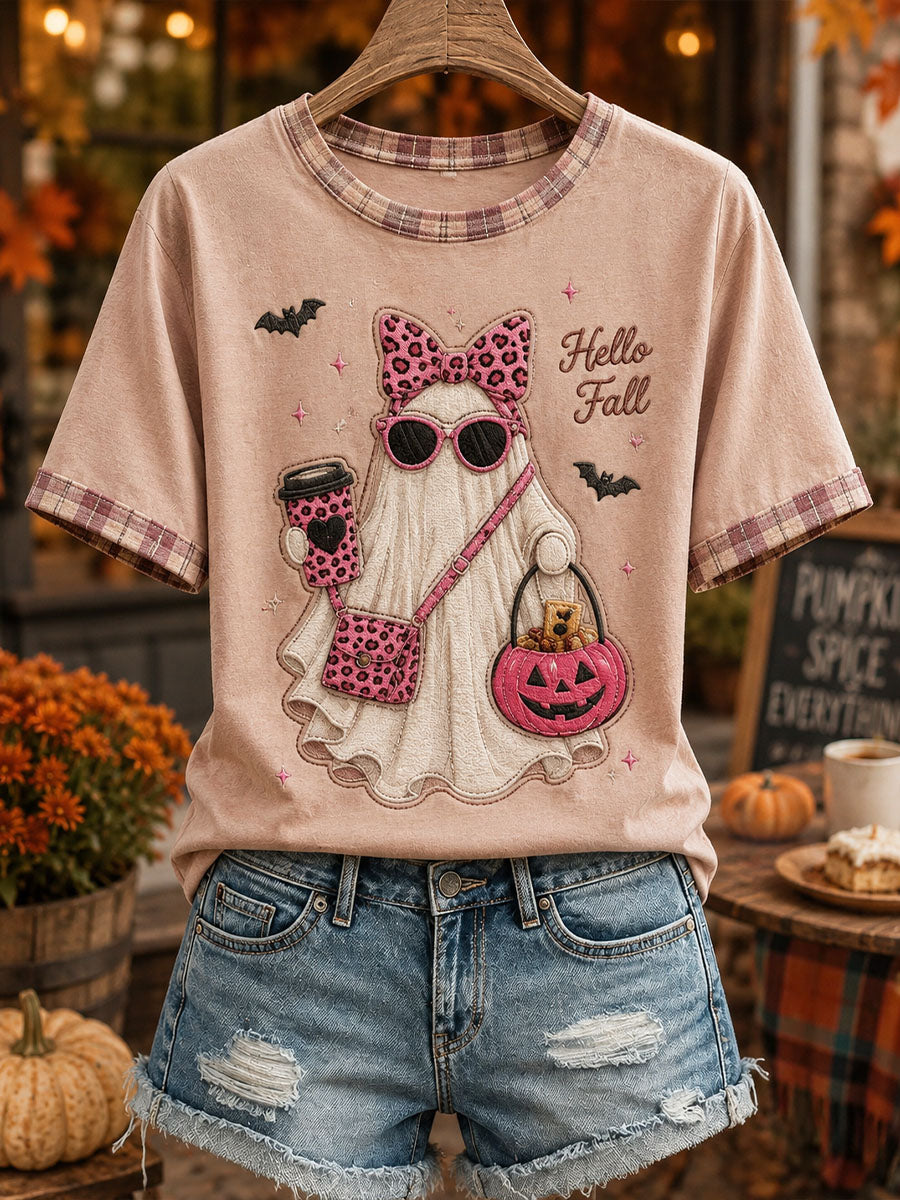 Camiseta feminina fofa de patchwork xadrez com estampa de fantasma