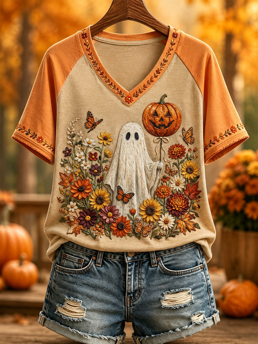 Olá Outono fantasma bonito impressão Casual Tee V-Neck feminino