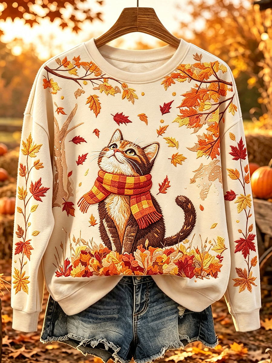 Gato bonito outono arte impressão confortável em torno do pescoço moletom feminino