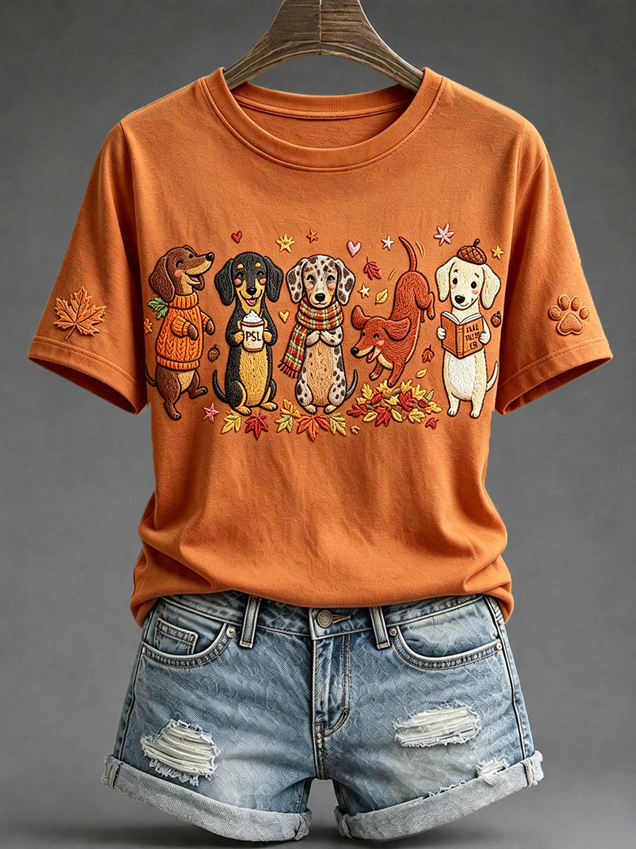 Cute outono Dachshund feminino arte impressão t-shirt de manga curta