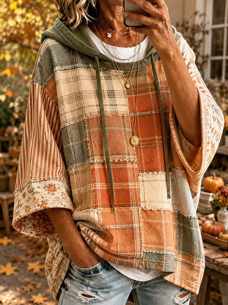 Moletom com Capuz Feminino de Outono com Estampa em Patchwork
