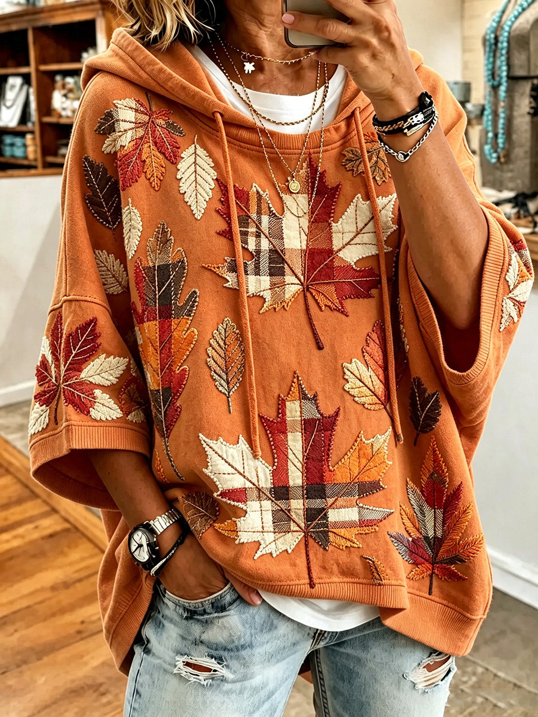 Moletom casual com estampa e detalhes de outono para mulheres