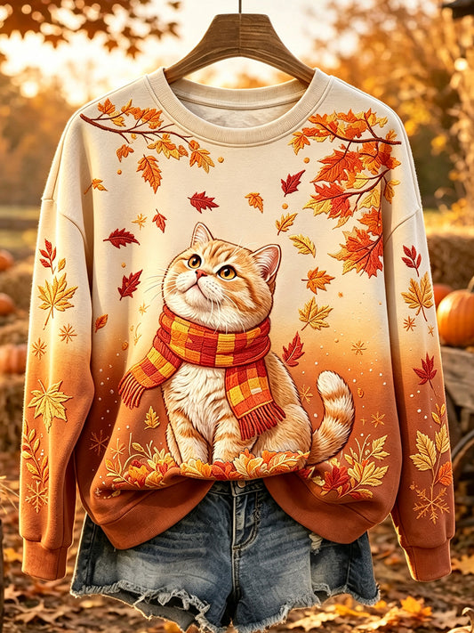 Gato bonito outono arte gradiente de impressão confortável feminino redondo pescoço moletom
