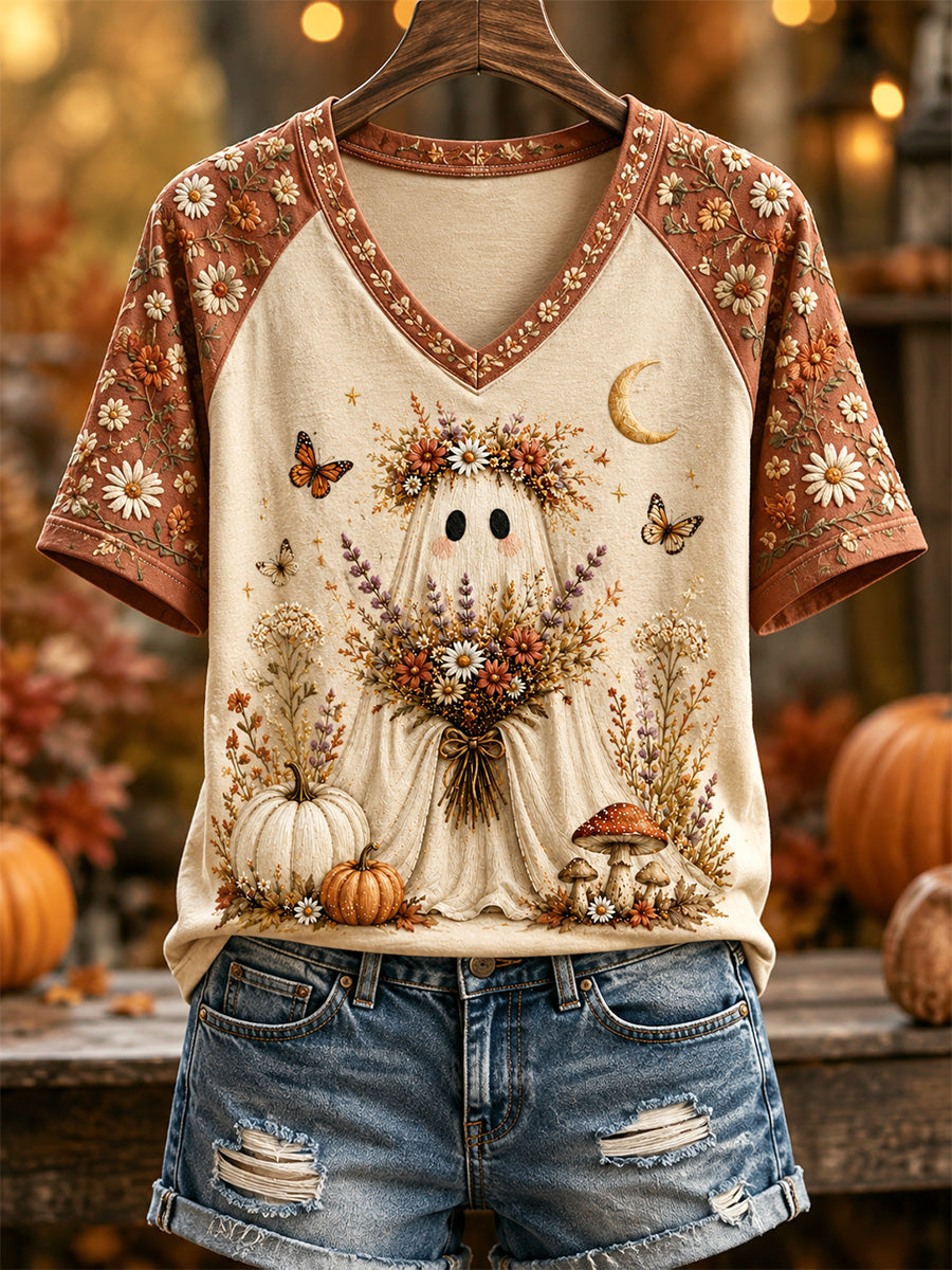 Camiseta casual de outono feminina com estampa fofa de fantasma e gola em V