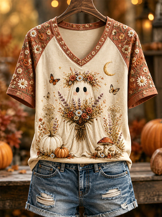 Camiseta casual de outono feminina com estampa fofa de fantasma e gola em V