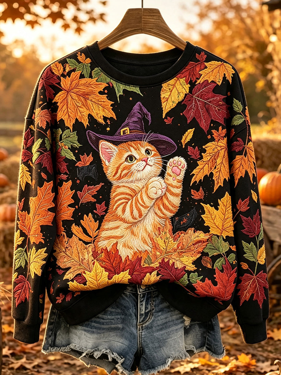 Gato bonito da queda arte impressão Casual gola redonda moletom feminino