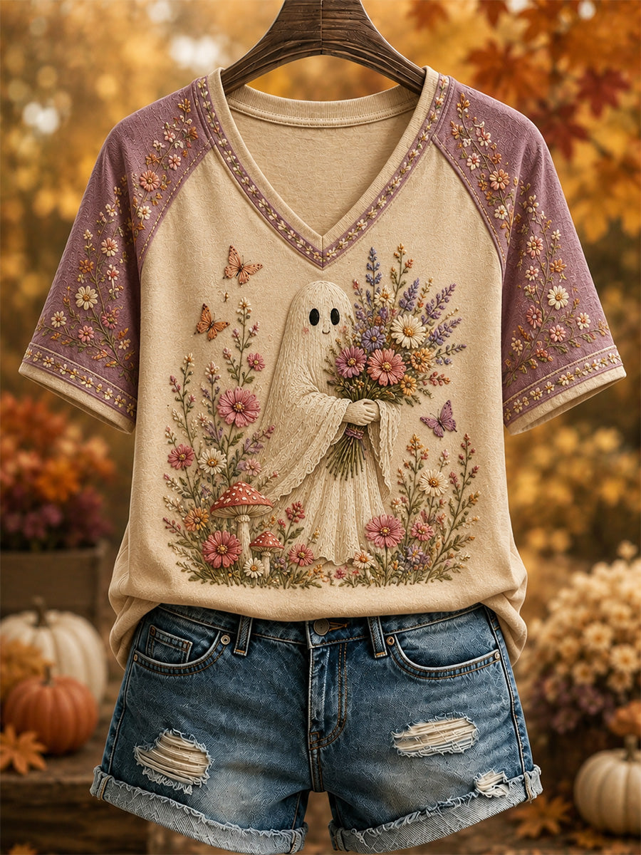 Camiseta Casual de Gola V com Estampa Xadrez e Fantasminha Fofo da Coleção Outono da Women's Hello