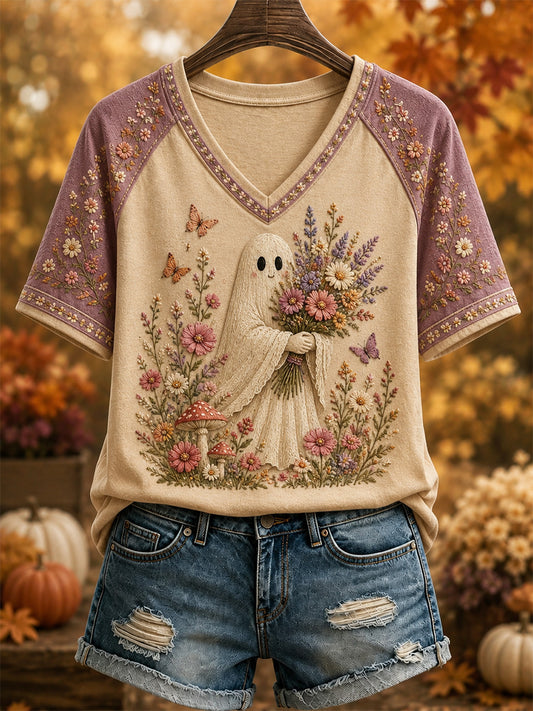 Camiseta Casual de Gola V com Estampa Xadrez e Fantasminha Fofo da Coleção Outono da Women's Hello