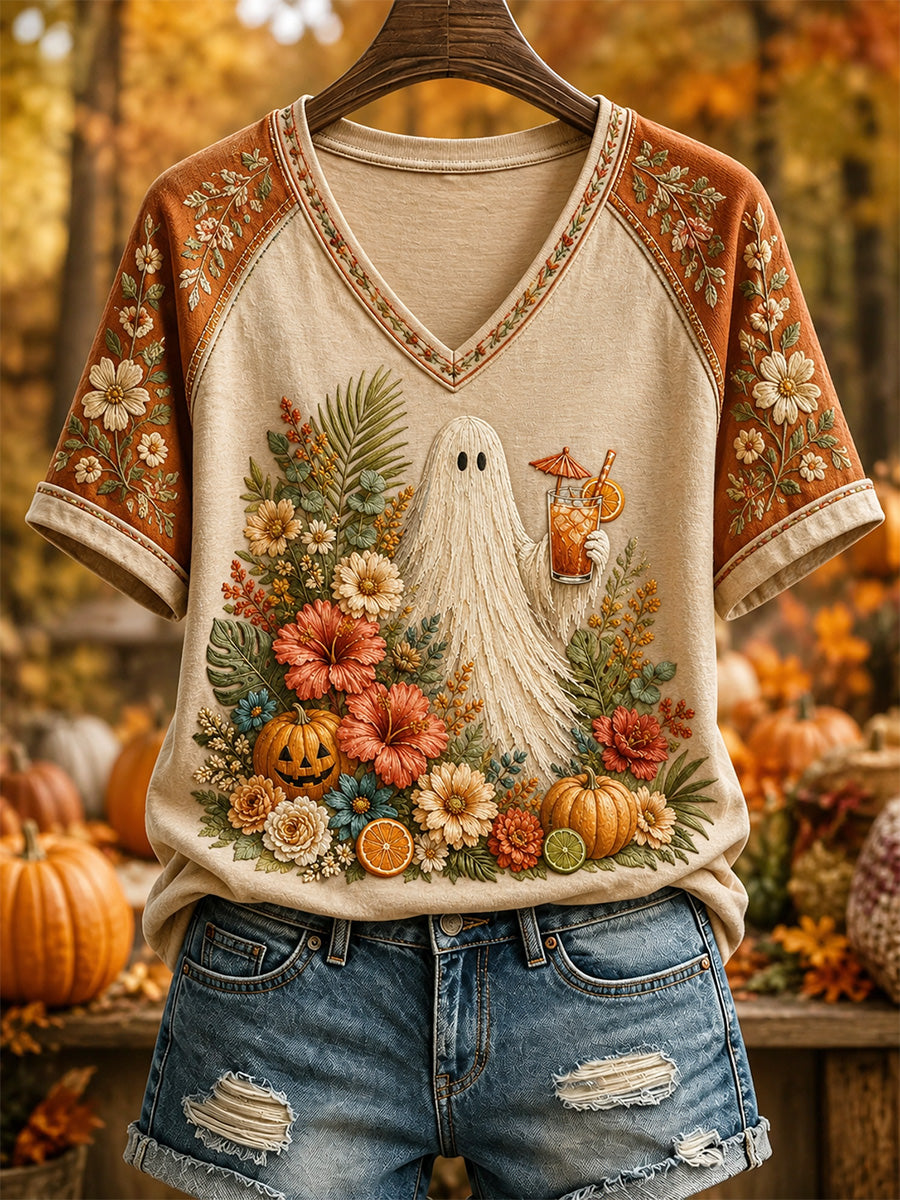 Camiseta casual de outono feminina com estampa fofa de fantasma e gola em V
