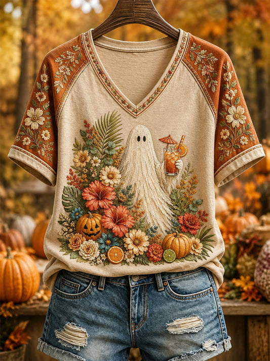 Camiseta casual de outono feminina com estampa fofa de fantasma e gola em V