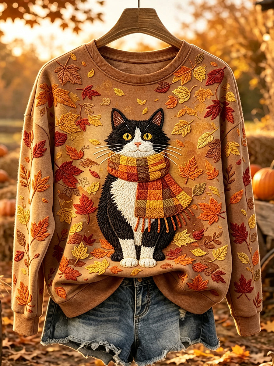 Moletom feminino com estampa artística de gato, confortável e com gola redonda