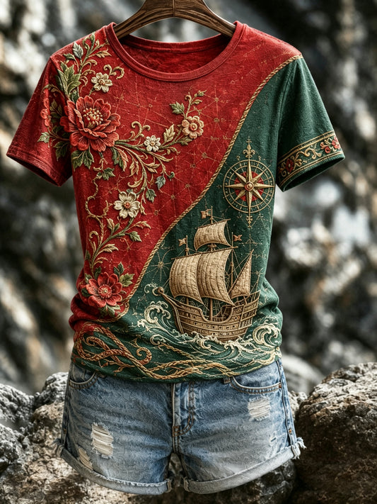 Camiseta Feminina com Estampa Artística de Elementos do Espírito Náutico Português