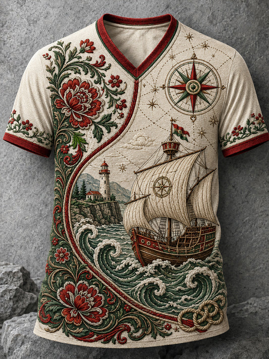 Camiseta com estampa artística masculina temática de espírito náutico português