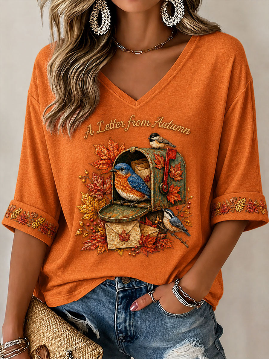 Camiseta casual feminina com estampa “Uma Carta do Outono”