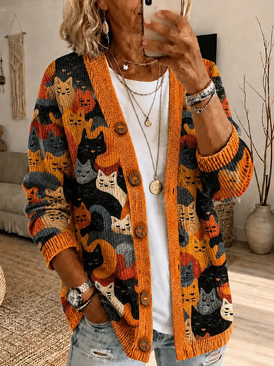 Gatos de outono feminino Imprimir Cardigan