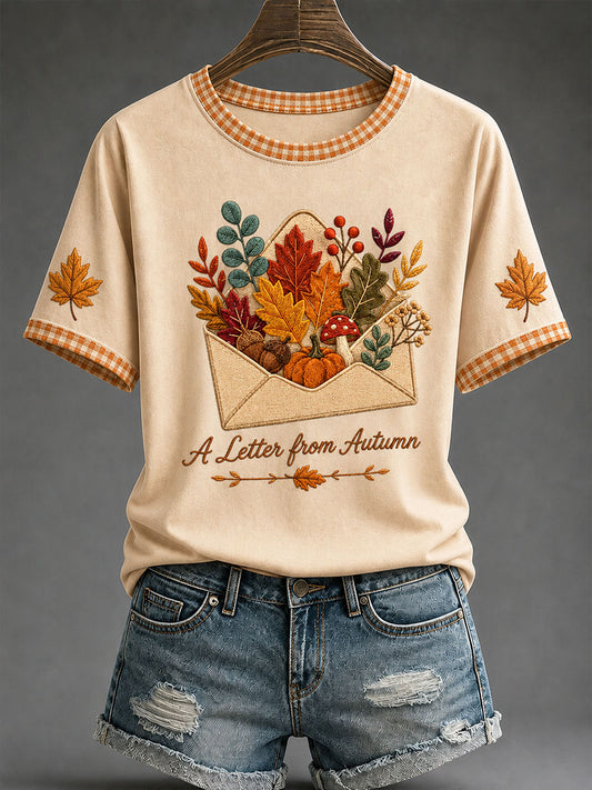 Camiseta casual feminina com estampa “Uma Carta do Outono”