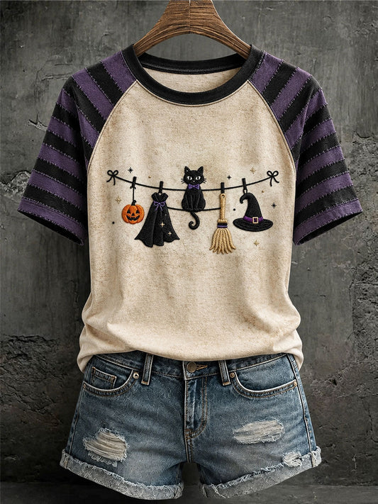Camiseta casual feminina com estampa de gato preto