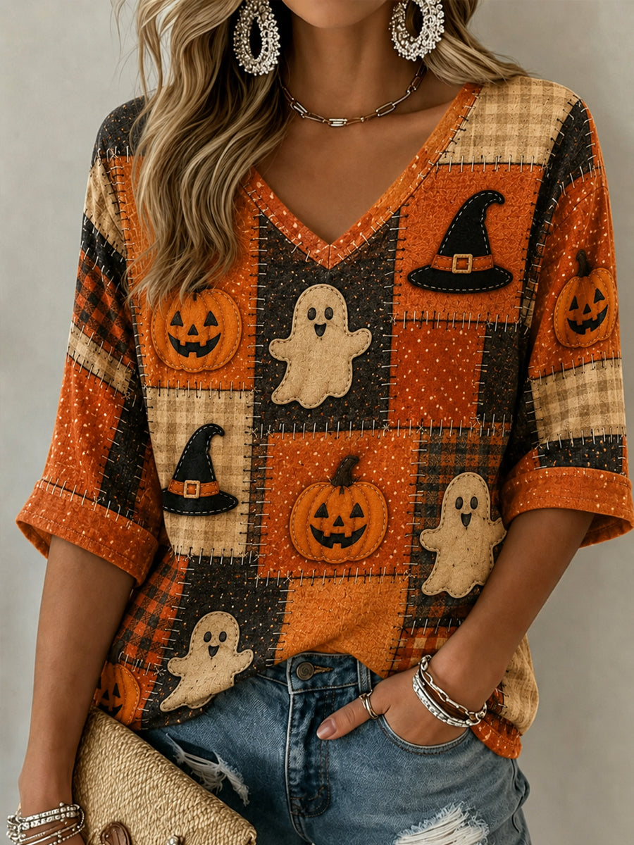 Halloween bonito abóbora Ghost Art médio-comprimento mangas t-shirt V-Neck feminino