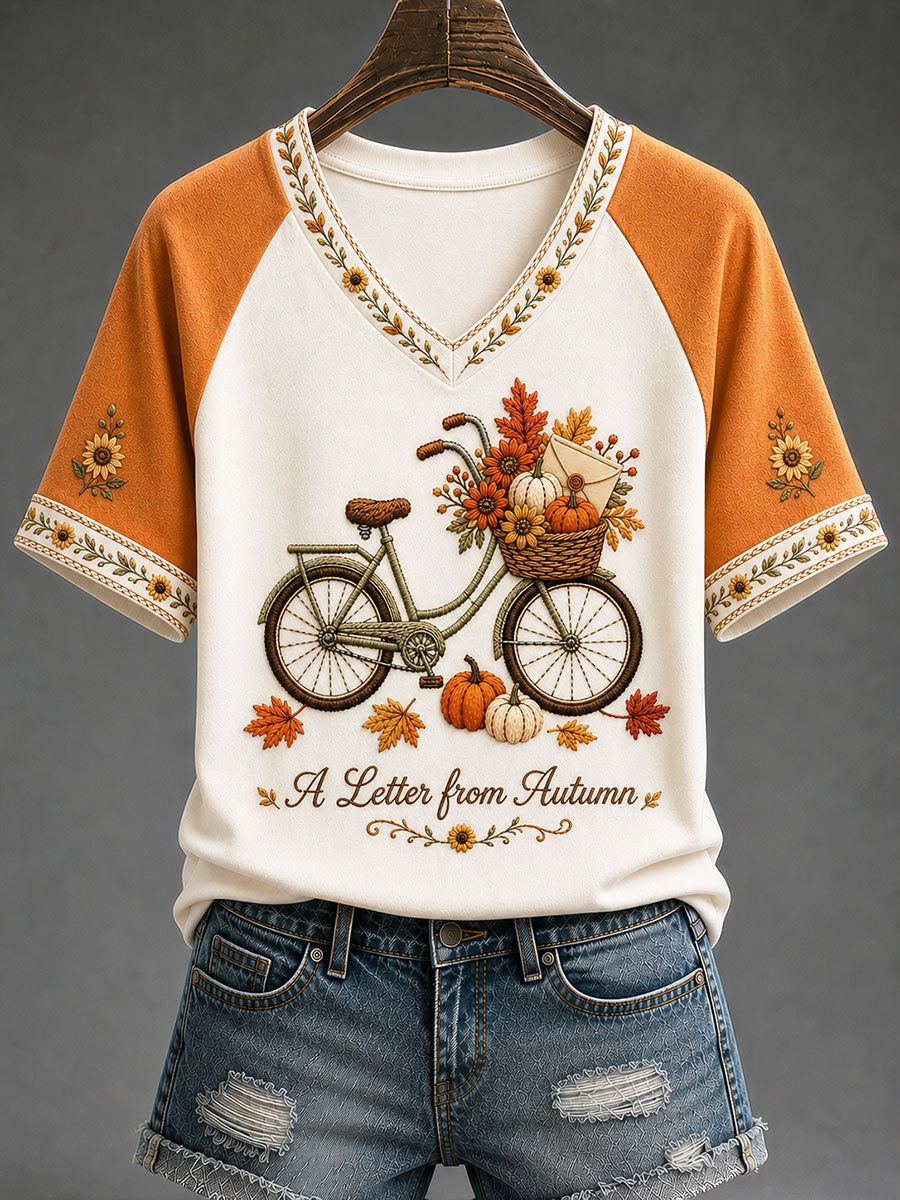 Camiseta casual feminina com estampa “Uma Carta do Outono”