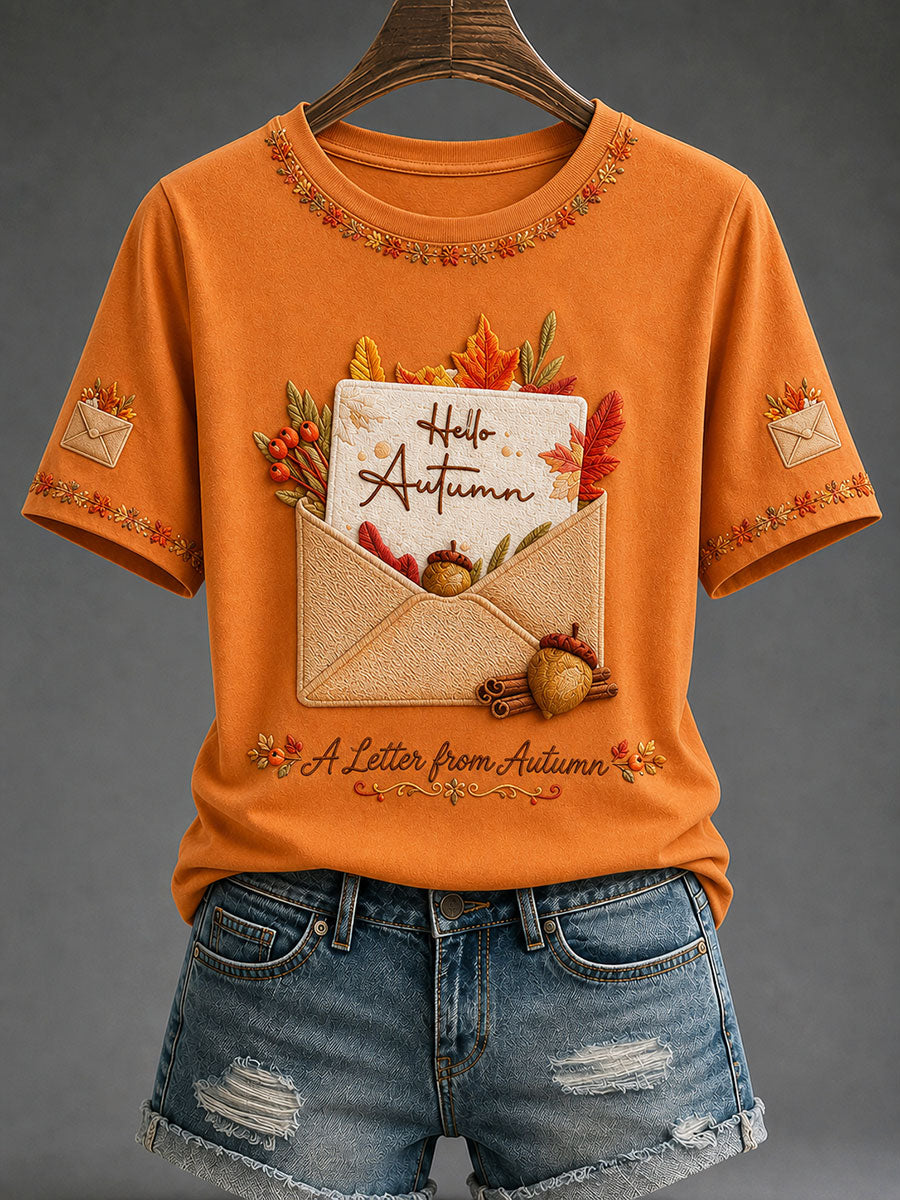 Camiseta casual feminina com estampa “Uma Carta do Outono”