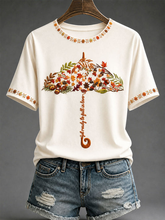 Camiseta casual feminina com estampa “Outono sob o guarda-chuva”