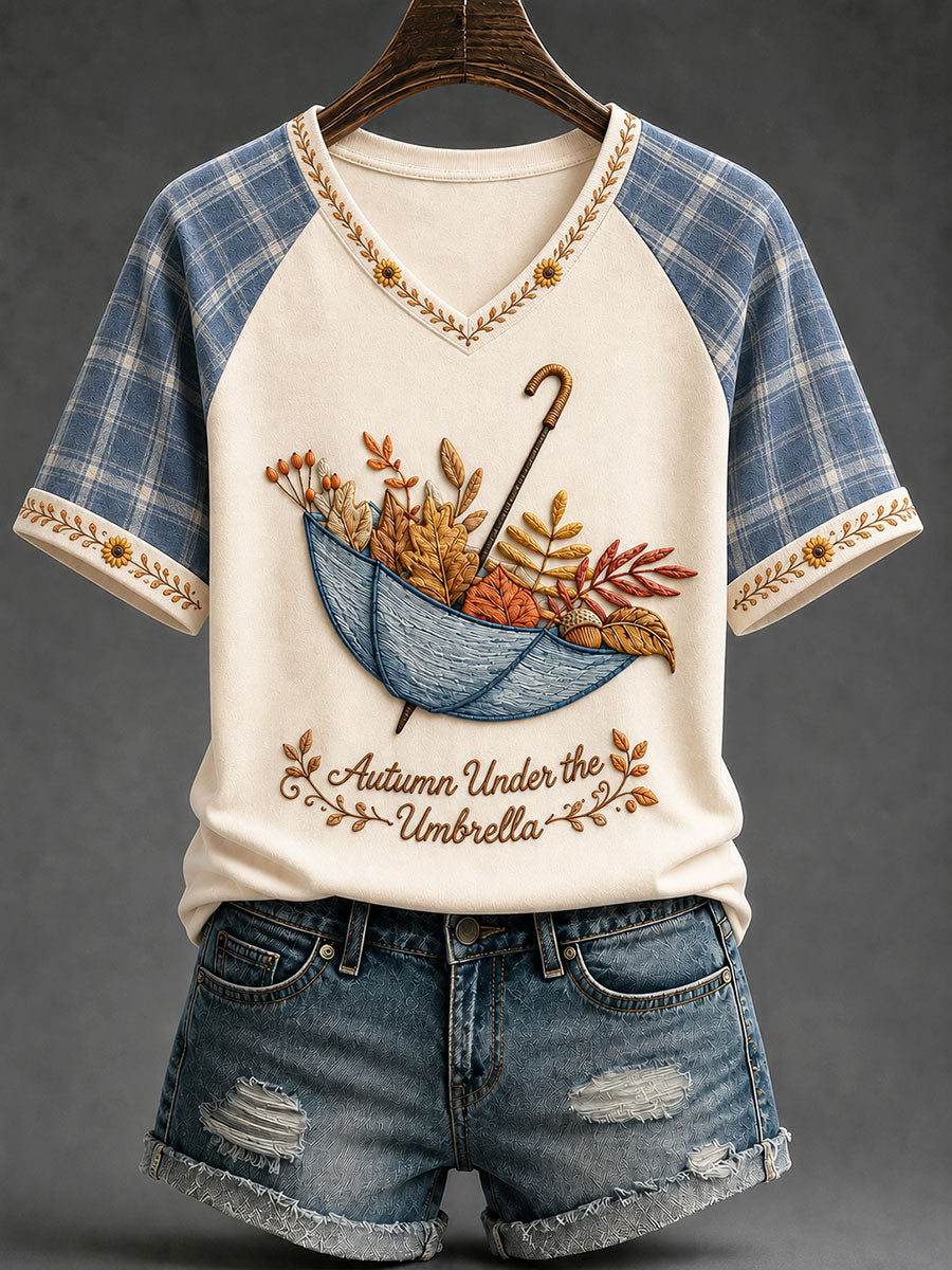 Camiseta casual feminina com estampa “Outono sob o guarda-chuva”